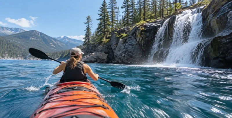 Kayaking on a blue lake beside mountains.