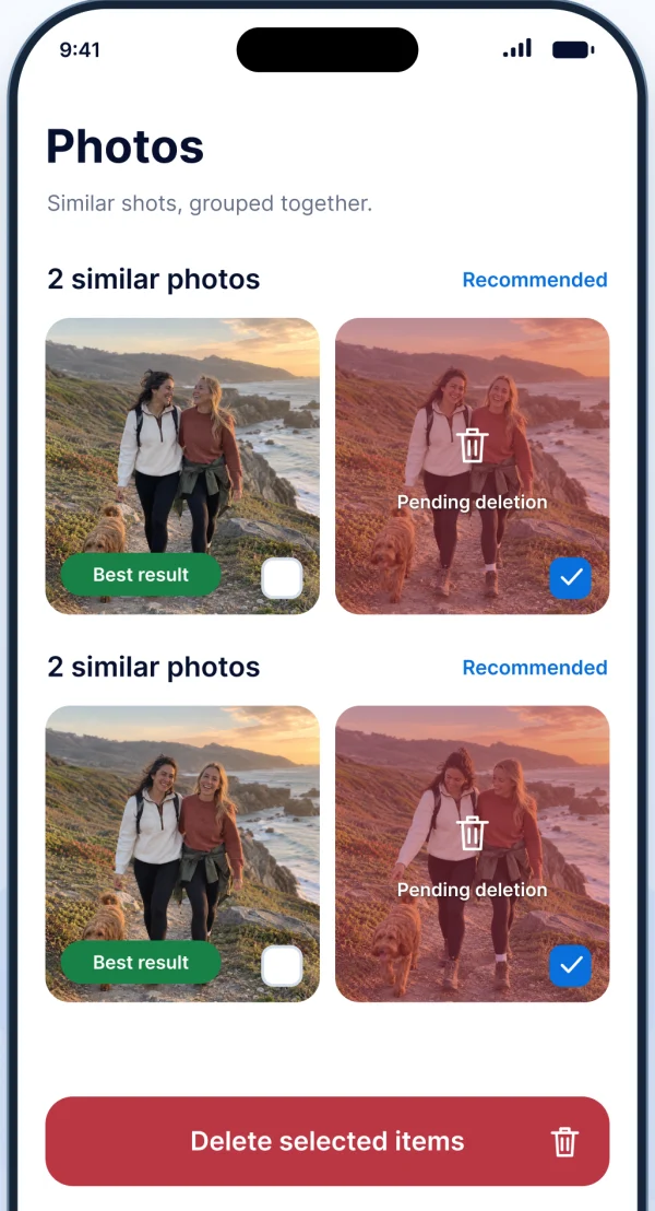 Illustrative Cleaner AI screen comparing similar photos with keep and pending deletion selections.